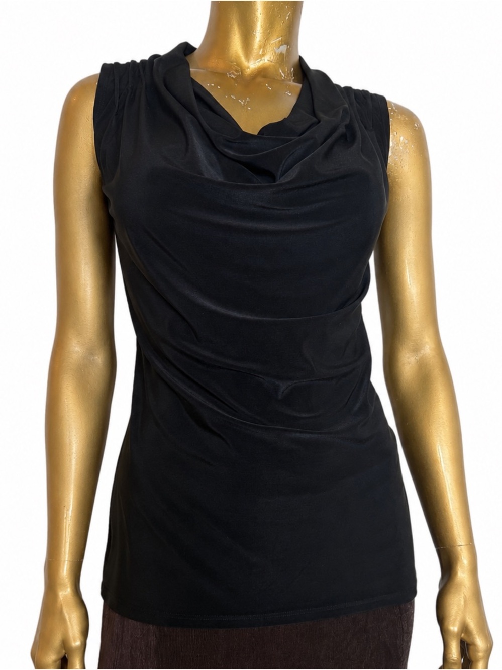Y2K Avital Black Sleeveless Draped Cowl Neck Stretch PolyTop Made USA Size S
